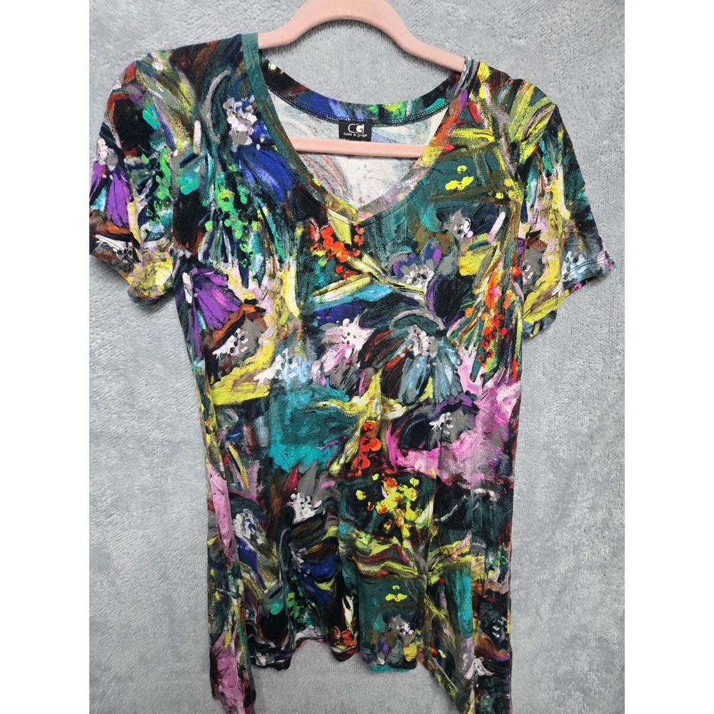 Cable & Gauge Womens Large V-Neck Abstract Floral Painterly Short Sleeve Top